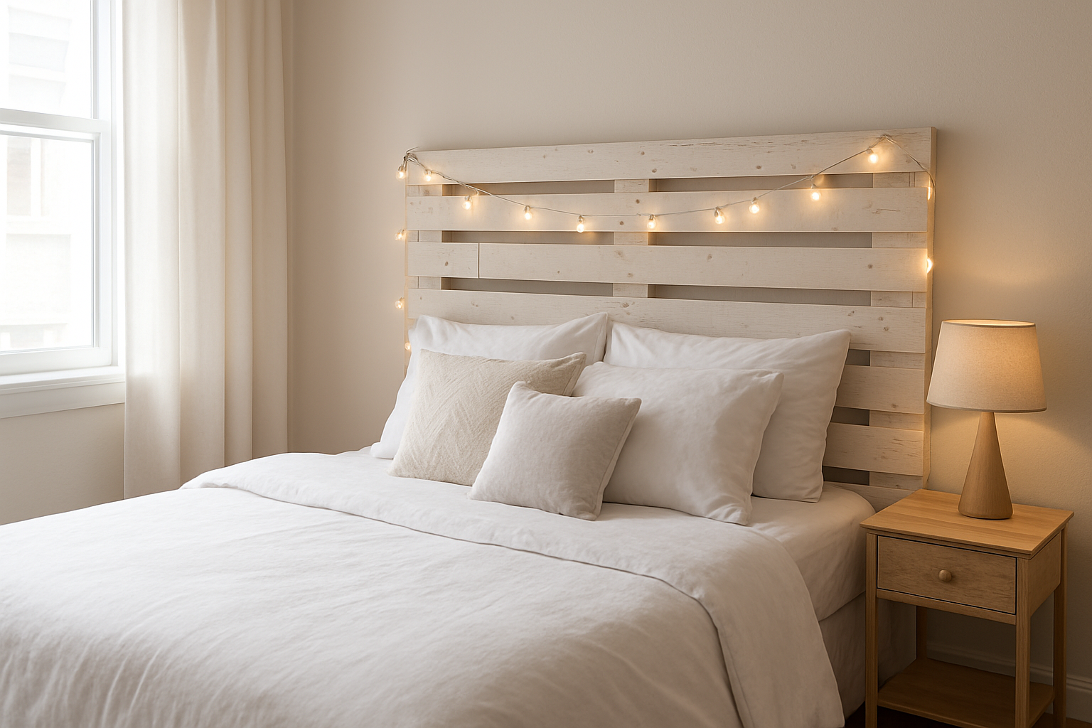 Tête de lit en bois de palette blanche avec guirlande lumineuse, lit avec coussins décoratifs dans une chambre lumineuse