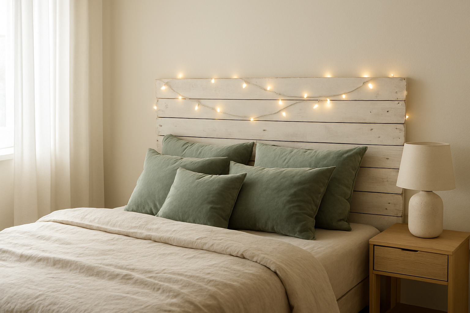 Tête de lit originale en palette de bois blanc avec guirlande lumineuse, lit habillé de lin beige et coussins verts, chambre lumineuse et cosy