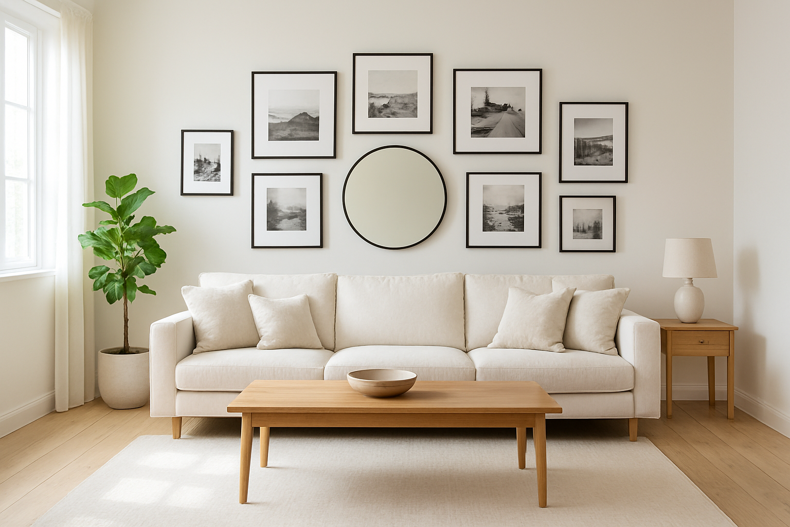 Salon scandinave avec mur galerie composé de cadres noir et blanc et d'un miroir rond, canapé blanc et table basse en bois, lumière naturelle