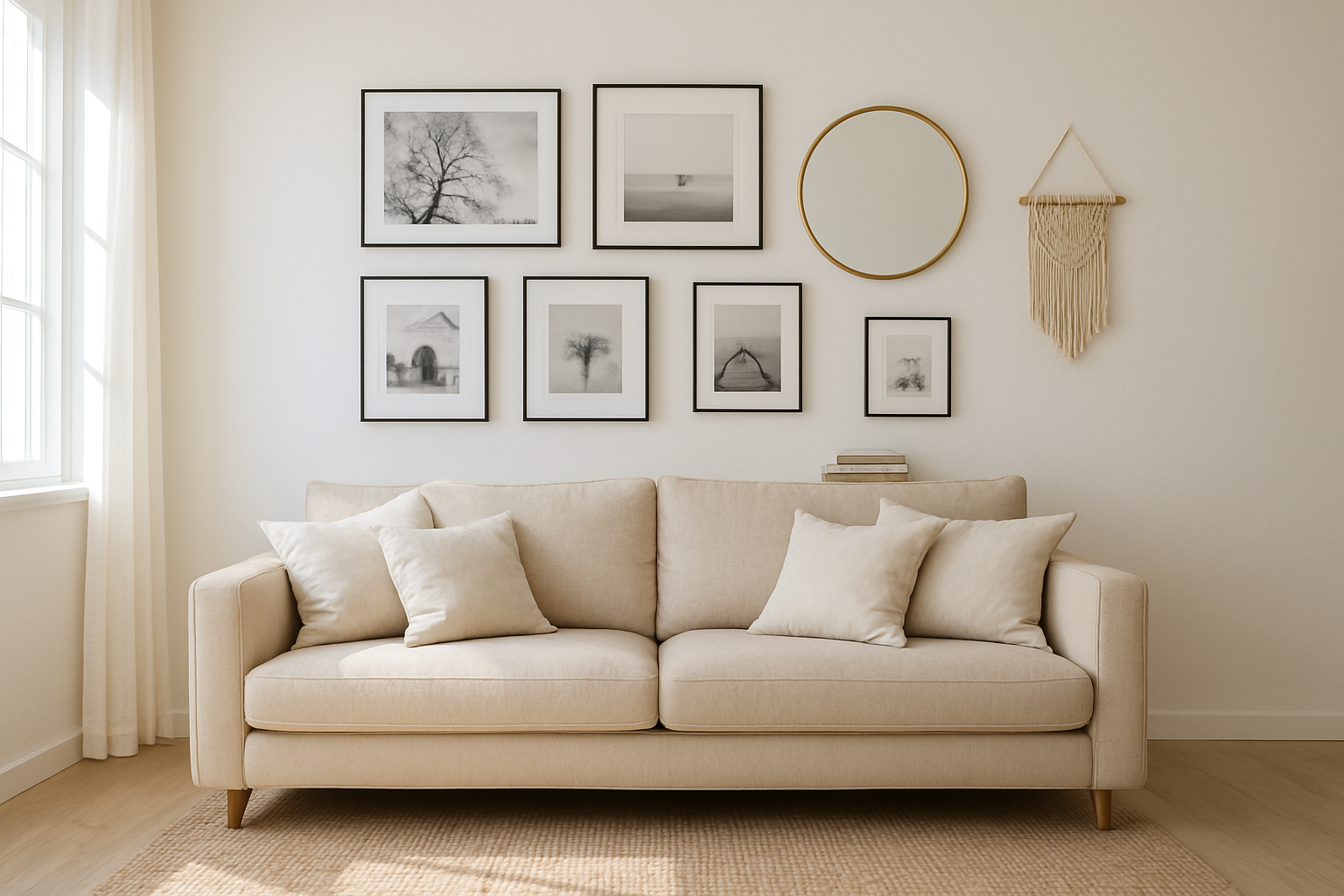 Composition déco murale dans un salon scandinave : galerie de cadres noir et blanc, miroir rond doré, macramé et étagère flottante avec plante, lumière naturelle.