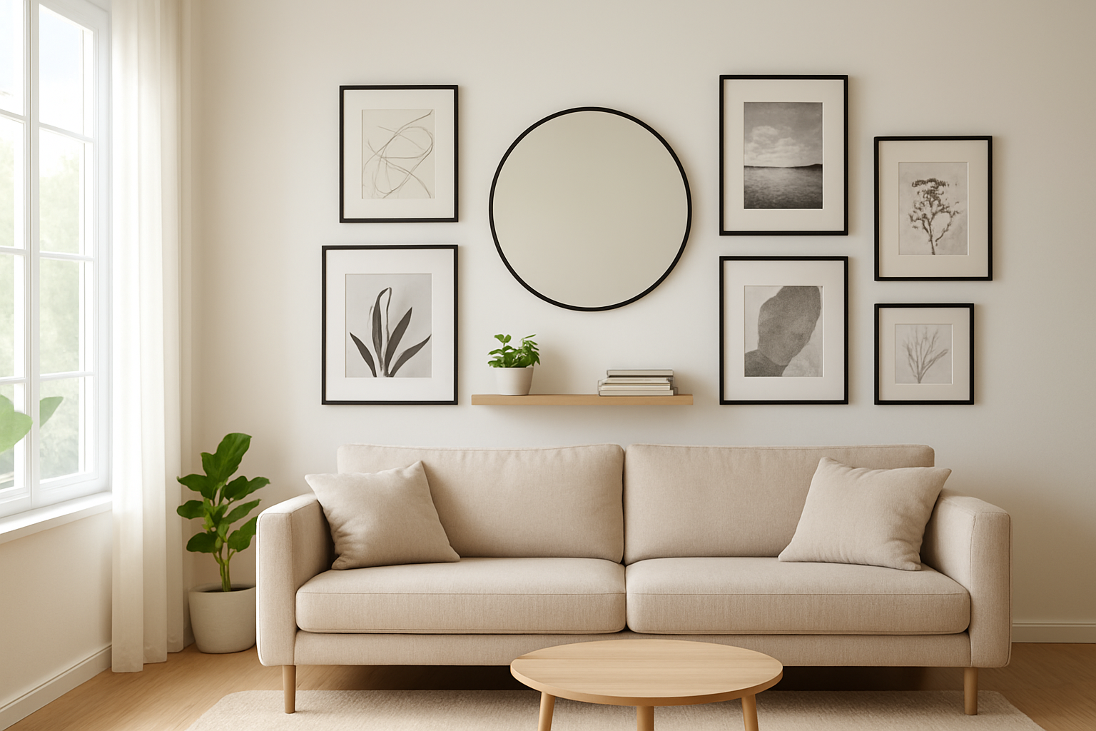 Salon lumineux avec un mur décoré d'une galerie de cadres noirs et blancs et d'un miroir rond, une étagère en bois avec des livres et une plante, lumière naturelle, style minimaliste.