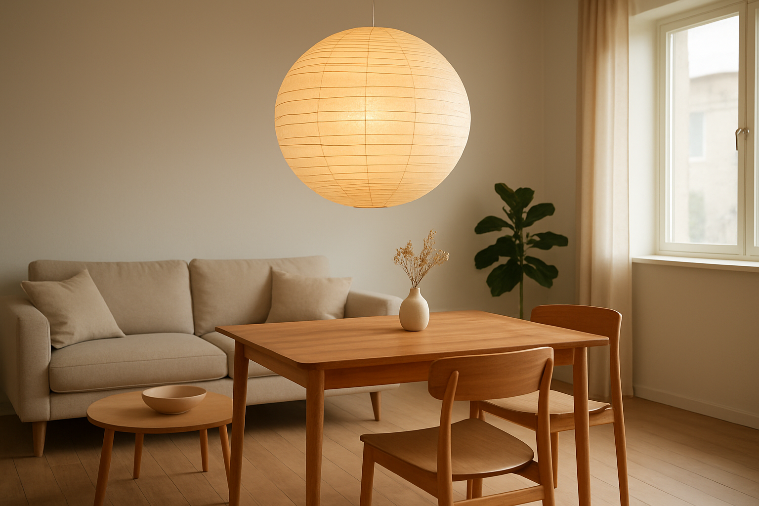 Grand abat-jour en papier de riz rond suspendu au-dessus d'une table à manger en bois, diffusant une lumière tamisée dans un salon scandinave lumineux