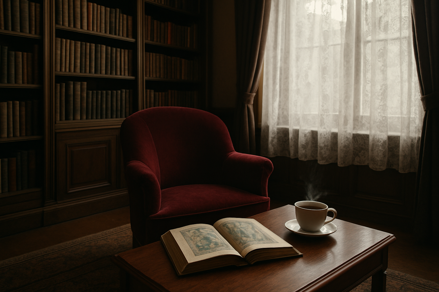 Salon cosy avec fauteuil rouge, bibliothèque, et livre ouvert d'Alice de l'autre côté du miroir sur table basse, rideaux en dentelle, lumière naturelle tamisée.