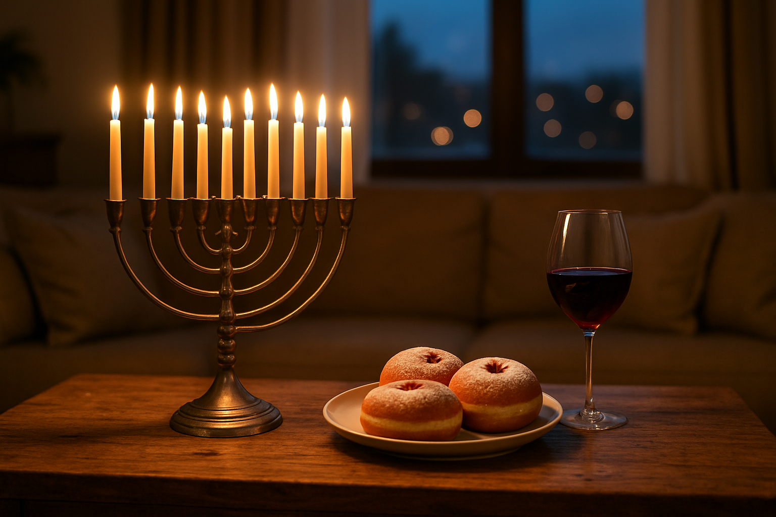 Ménorah argentée avec neuf bougies allumées sur une table en bois, à côté de beignets de Hanouka et d'une coupe de vin, dans un salon chaleureux avec vue nocturne par la fenêtre.