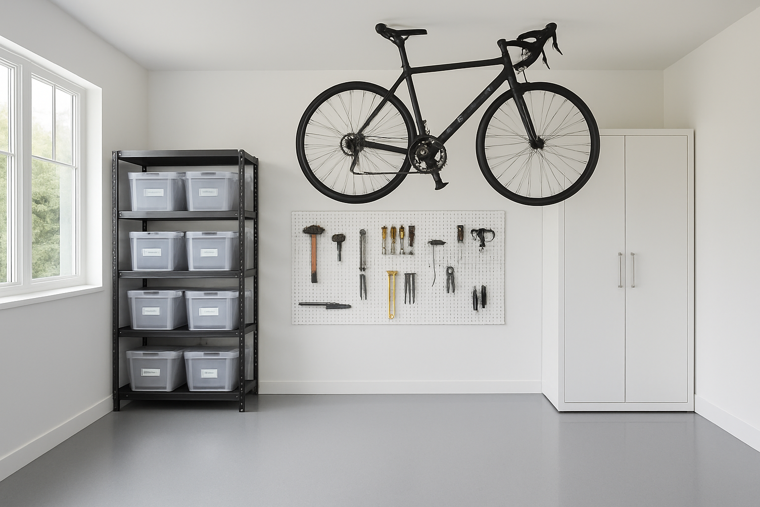 Garage bien rangé avec étagères métalliques, panneau perforé pour outils, armoire fermée et rangement suspendu pour vélo, lumière naturelle.
