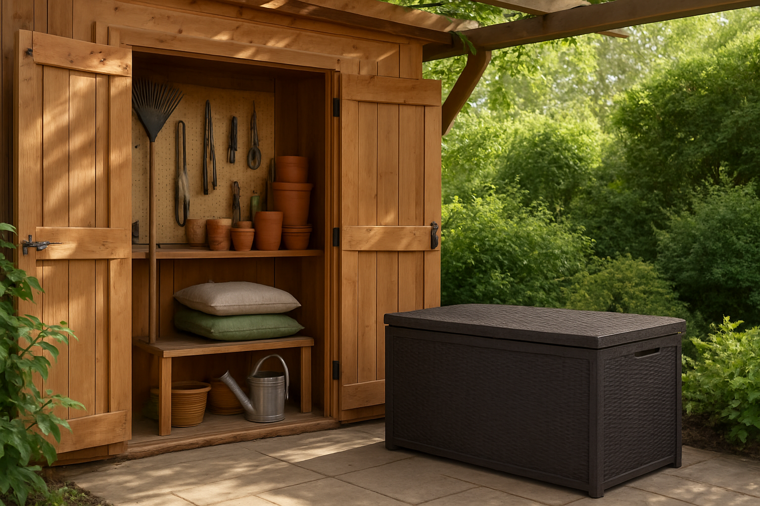 Un abri de jardin en bois ouvert révélant un rangement intérieur organisé avec outils, pots et coussins, entouré de verdure et d'un coffre en résine tressée