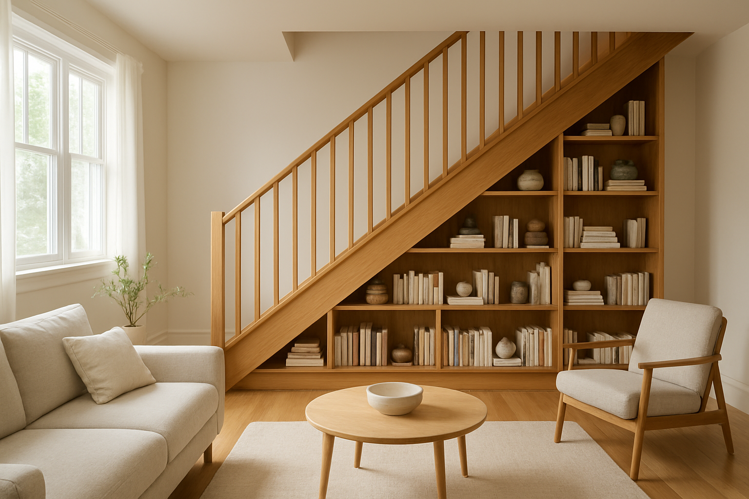 Aménagement sous escalier ouvert avec étagères intégrées remplies de livres et objets décoratifs, dans un salon lumineux au style contemporain.