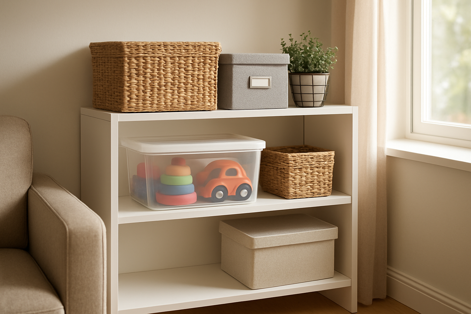 Étagère blanche avec boîtes de rangement Foir'Fouille en osier, tissu et plastique, dans un salon lumineux et ordonné.