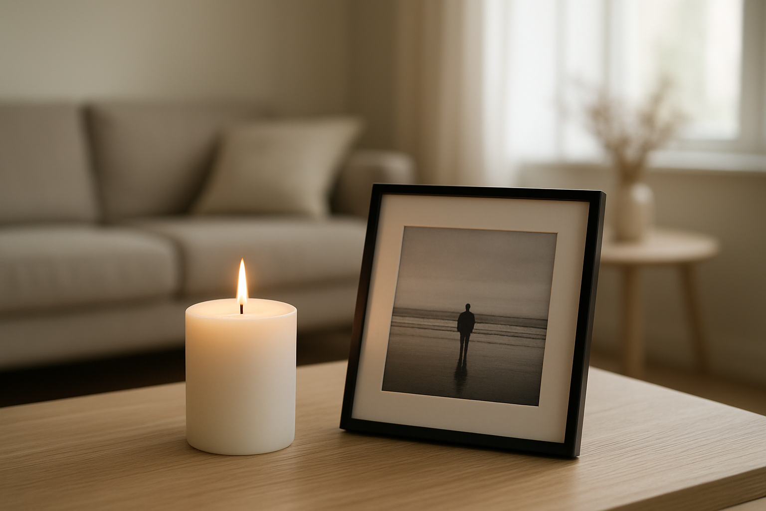Bougie deuil blanche allumée sur une table en bois près d'une photo encadrée, lumière naturelle, intérieur apaisant – image gratuite de bougie deuil pour hommage