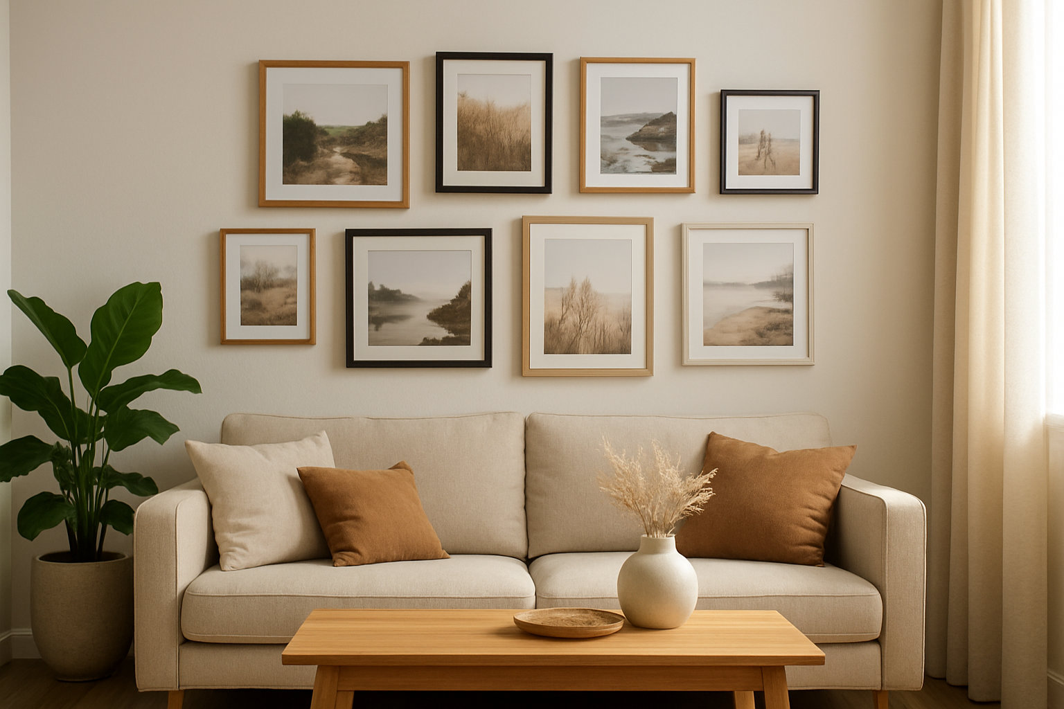Galerie murale de cadres photo La Foir'Fouille dans un salon moderne avec lumière naturelle, canapé beige et plante verte.