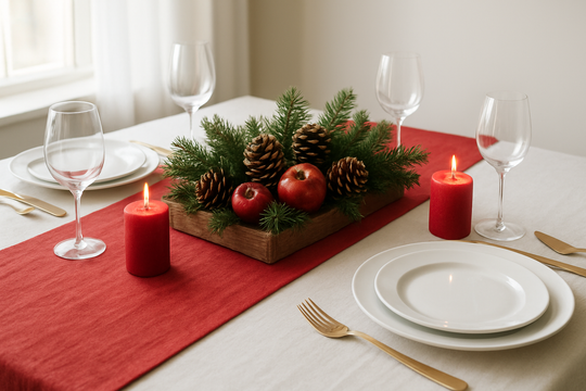 Table de Noël avec chemin de table en lin rouge, assiettes blanches, couverts dorés, bougies et centre de table en bois et sapin, lumière naturelle.