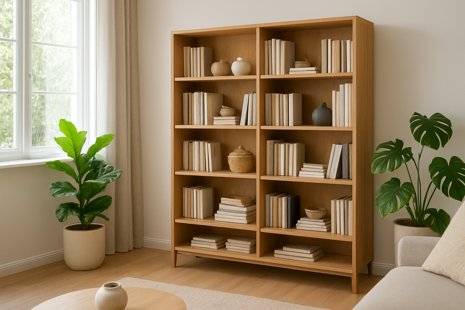 Bibliothèque en bois chêne massif dans un salon lumineux, remplie de livres et décorée de plantes vertes et objets design.