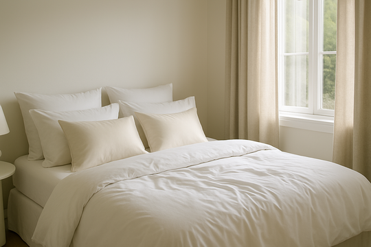 Lit double avec linge de lit blanc en percale de coton, oreillers en satin et couette légèrement froissée, dans une chambre lumineuse avec rideaux en lin