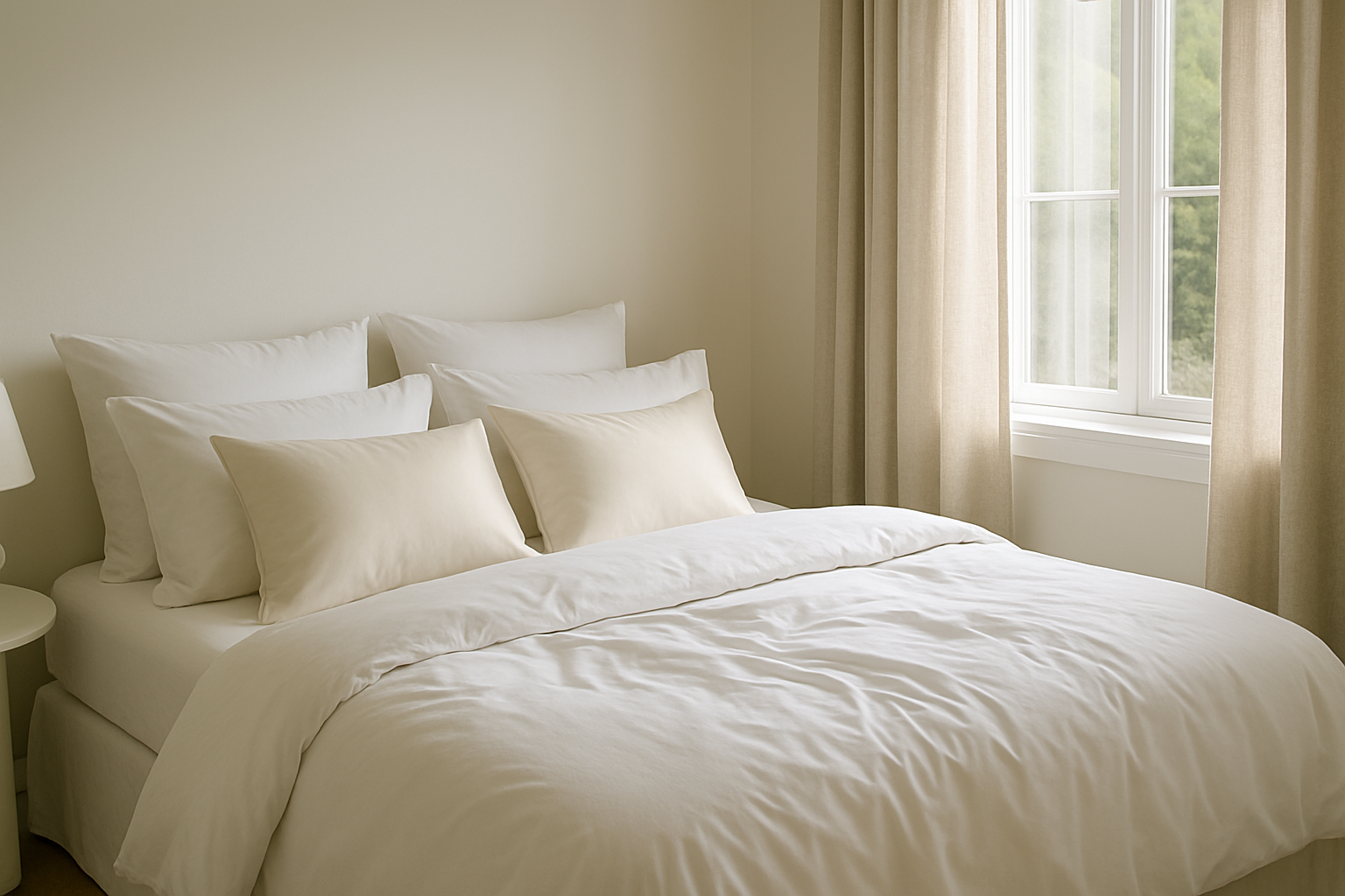 Lit double avec linge de lit blanc en percale de coton, oreillers en satin et couette légèrement froissée, dans une chambre lumineuse avec rideaux en lin