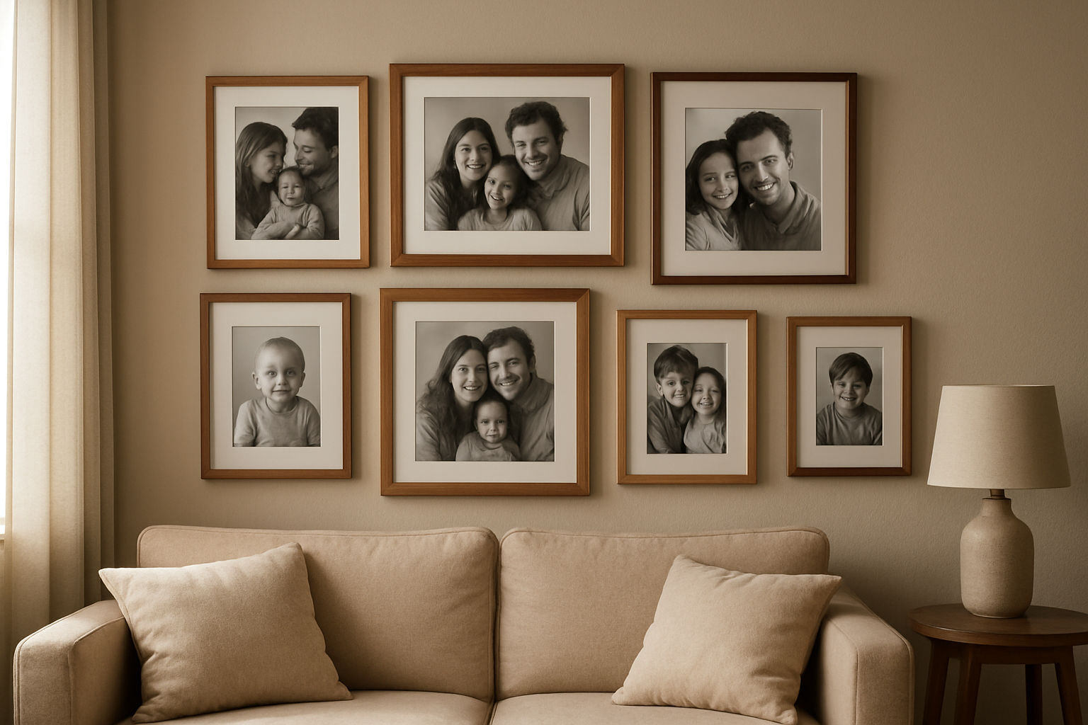Composition murale de cadres photo famille en bois clair avec photos noir et blanc, dans un salon lumineux avec canapé beige et table d'appoint en bois