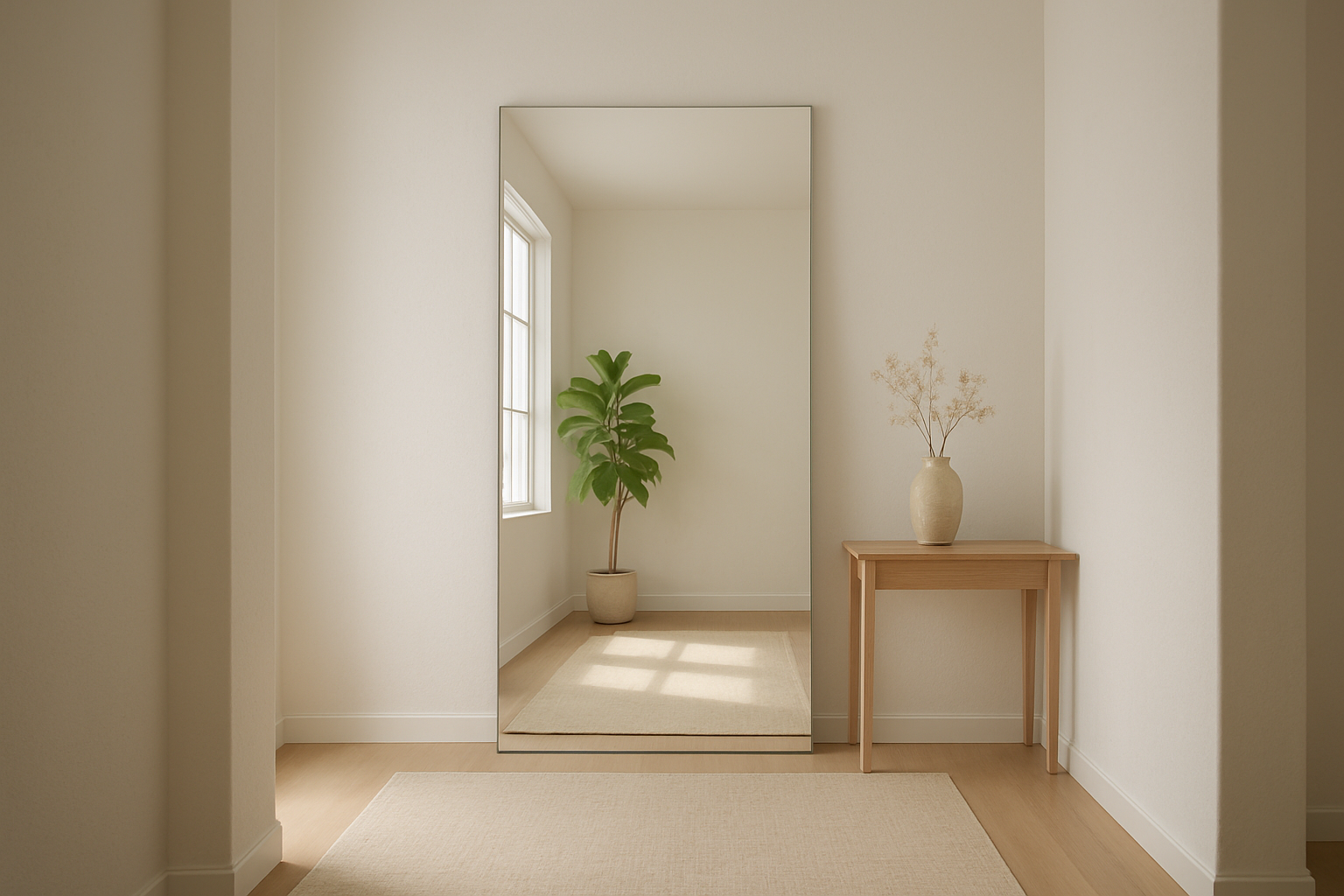 Grand miroir route sans cadre dans un couloir lumineux, reflétant une fenêtre et une plante verte, avec une console en bois clair et un tapis beige.