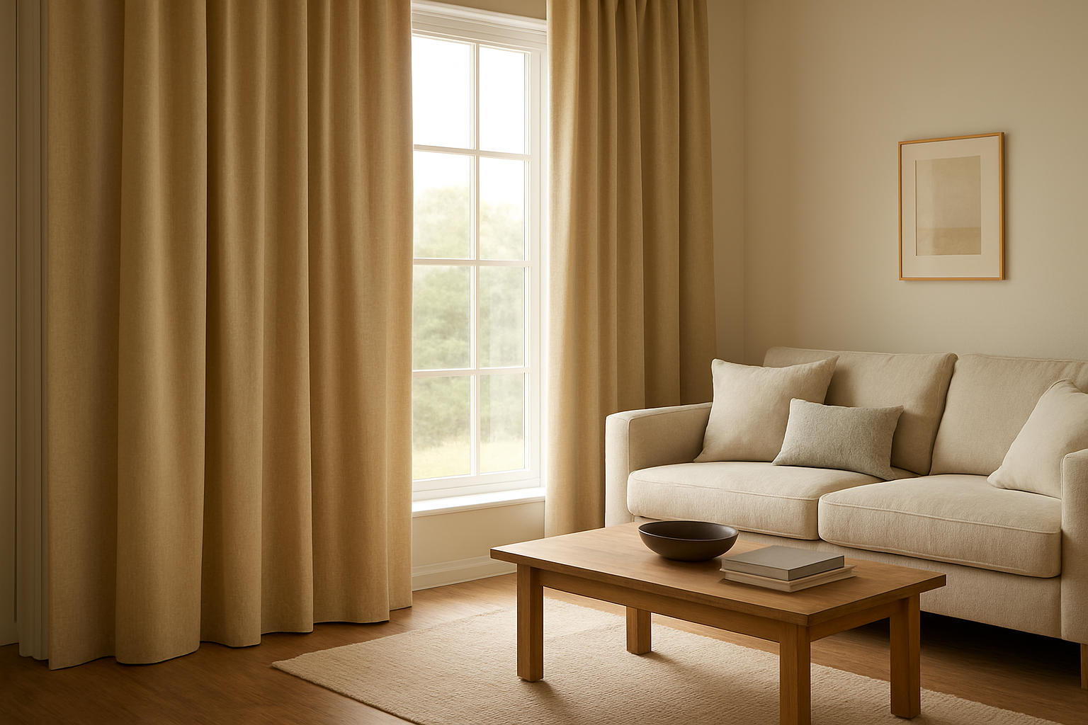 Rideau thermique sur mesure beige dans un salon lumineux, posé sur une grande fenêtre avec un rail au plafond, laissant voir la texture épaisse du tissu et la lumière naturelle.