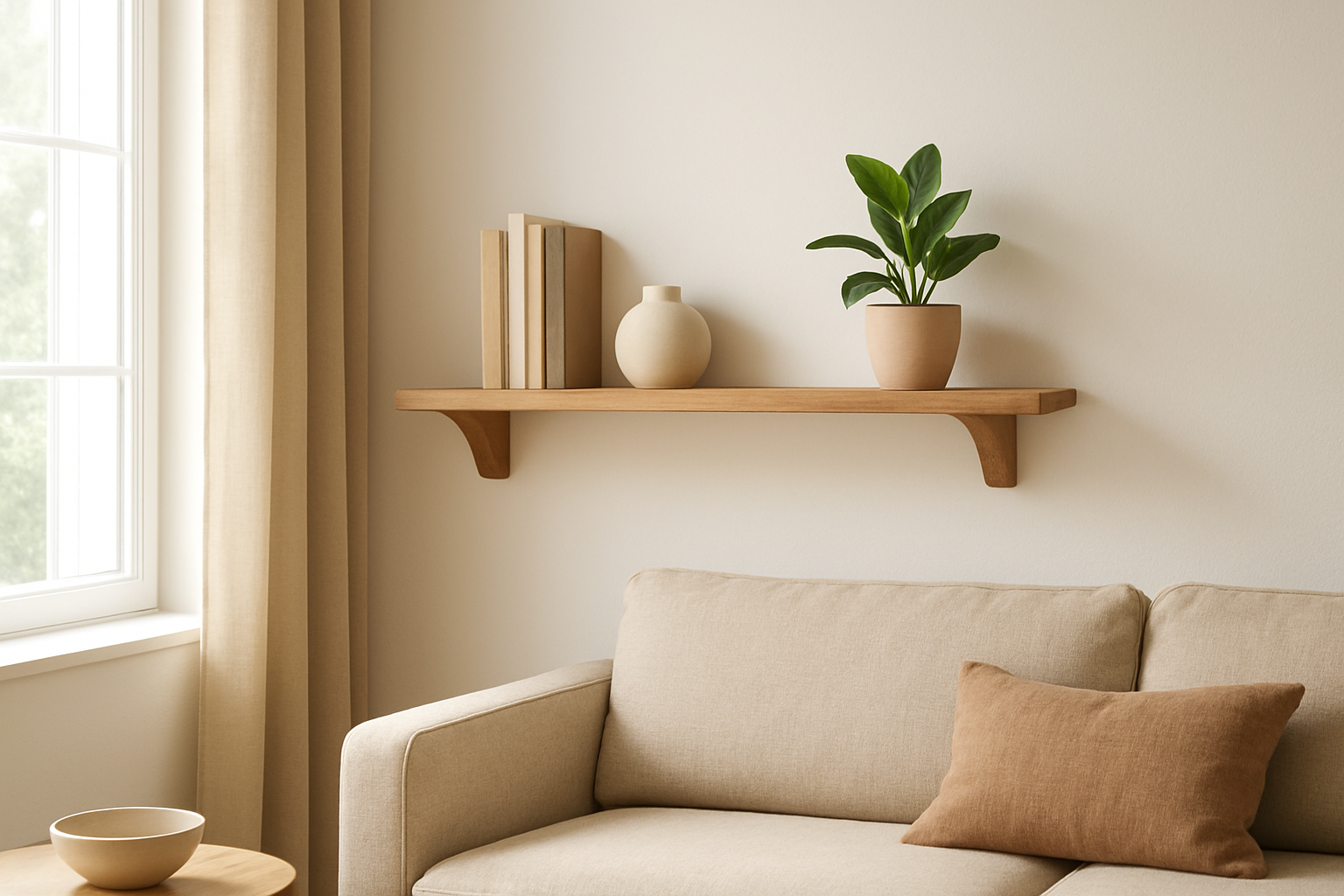 Étagère blanche design en bois massif fixée au mur d'un salon, avec livres, vase et plante verte, éclairée par la lumière naturelle.