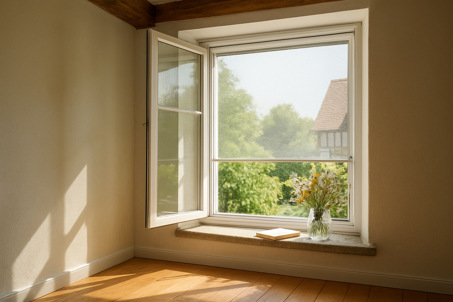 Fenêtre alsacienne avec moustiquaire à enrouleur blanche, lumière naturelle, intérieur décoré, vase de fleurs et livre sur le rebord