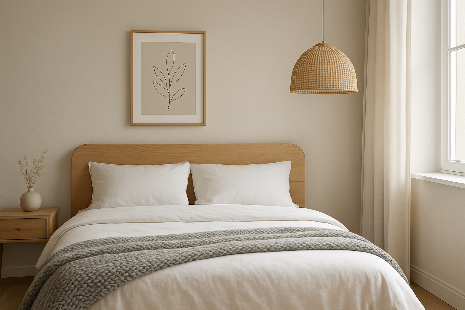 Tête de lit cocktail scandinave en bois clair et lin beige dans une chambre lumineuse, avec lit blanc, plaid gris et suspension en rotin, ambiance cosy et minimaliste.