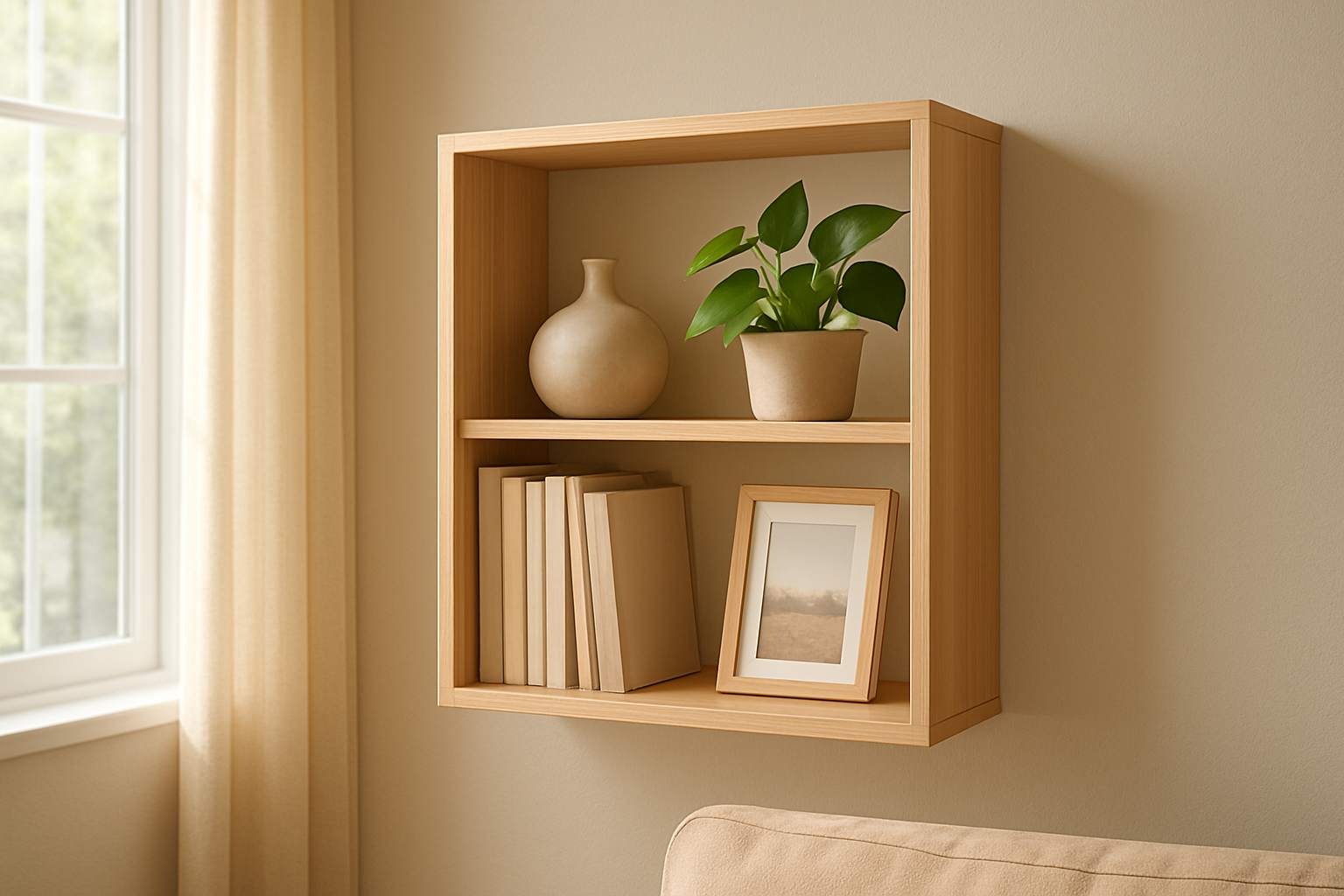 Étagère carrée en bois clair dans un salon moderne avec livres, vase, plante et cadre photo, éclairée par la lumière naturelle