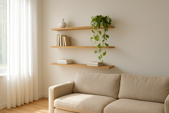 Étagère murale sur mesure en bois clair flottant au-dessus d'un canapé beige, avec livres, vase blanc et plante verte, dans un salon lumineux au parquet clair.