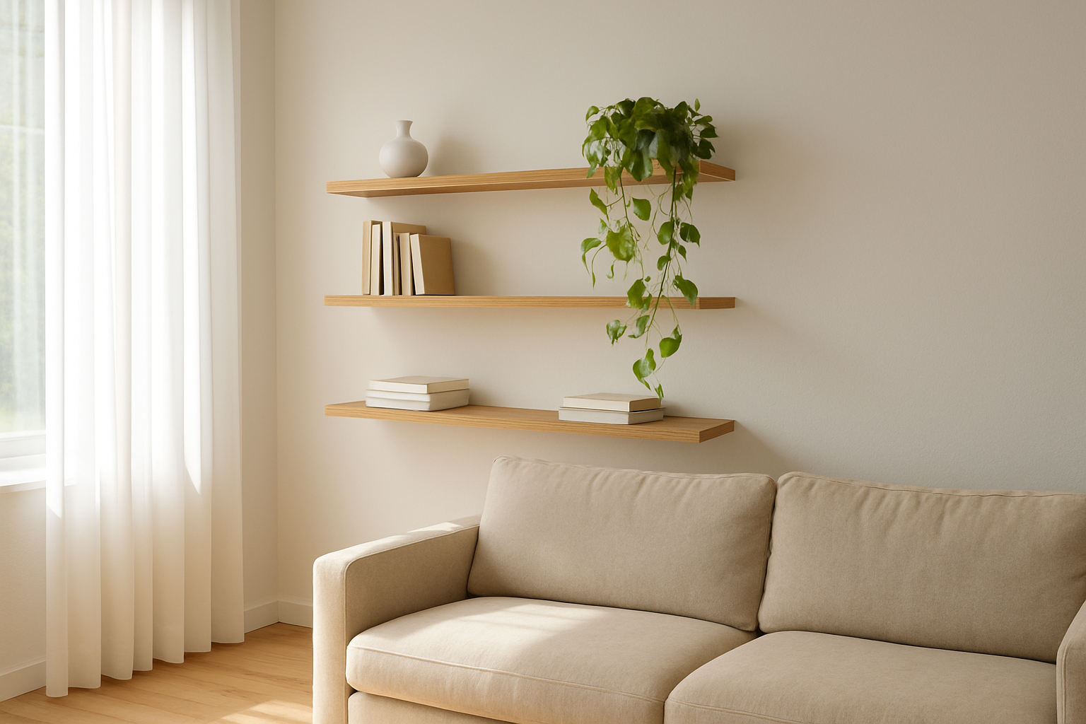 Étagère murale sur mesure en bois clair flottant au-dessus d'un canapé beige, avec livres, vase blanc et plante verte, dans un salon lumineux au parquet clair.
