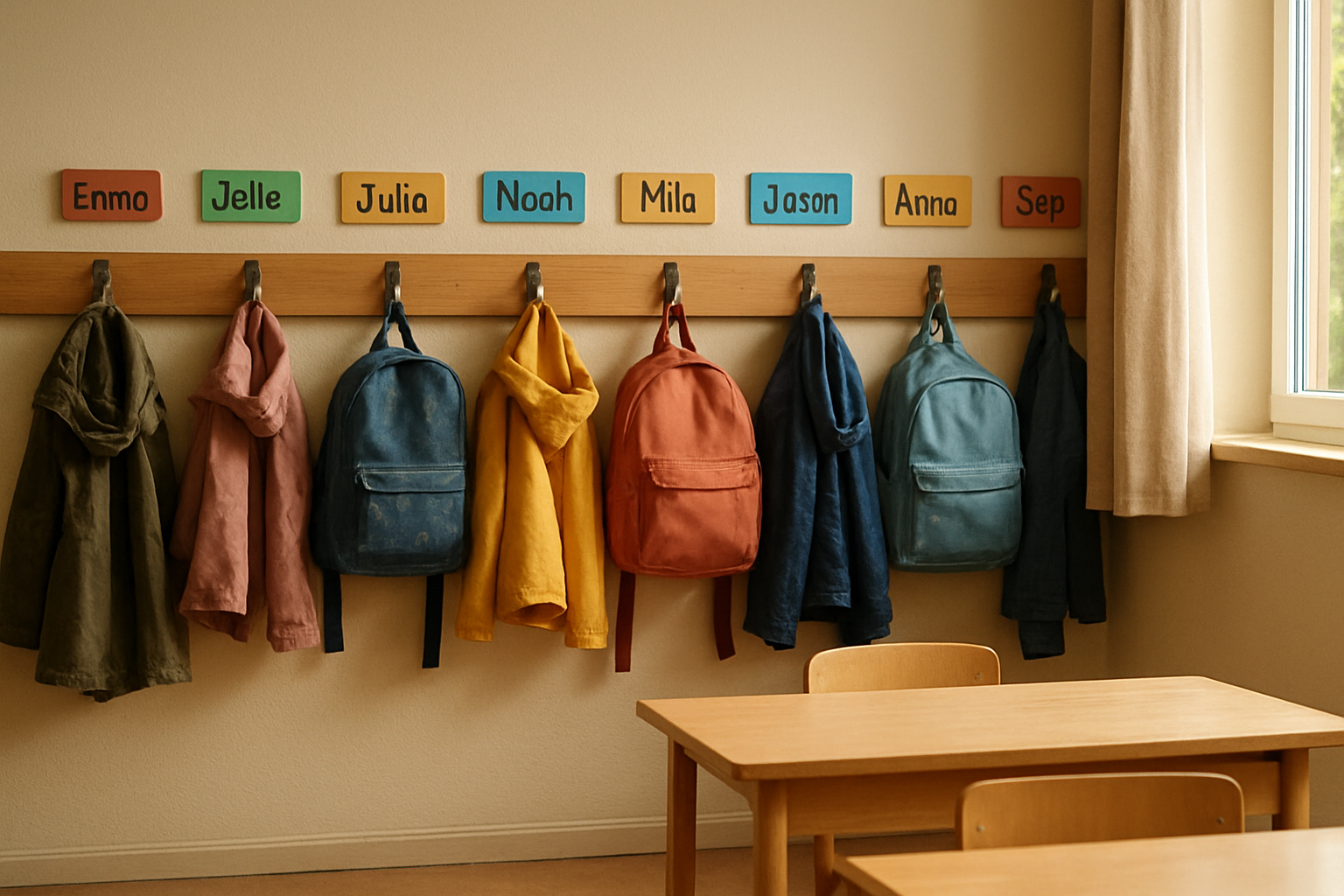 Étiquettes porte-manteau CE2 colorées accrochées à des patères en bois dans une salle de classe lumineuse, avec les prénoms des élèves écrits lisiblement.