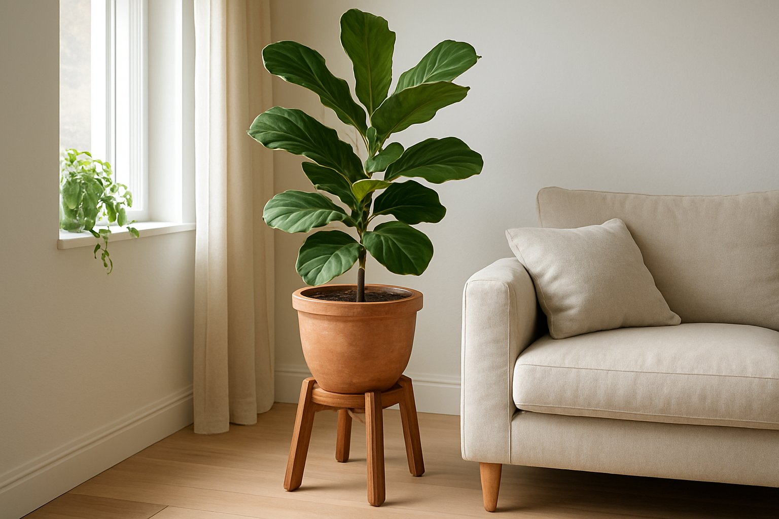 Pied pot de fleur en bois massif soutenant un ficus lyrata dans un salon lumineux au parquet clair, près d'un canapé beige.