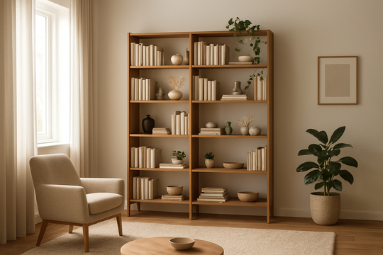 Étagère sur pied en bois massif dans un salon lumineux, avec des livres et des plantes vertes sur les tablettes, décoration scandinave