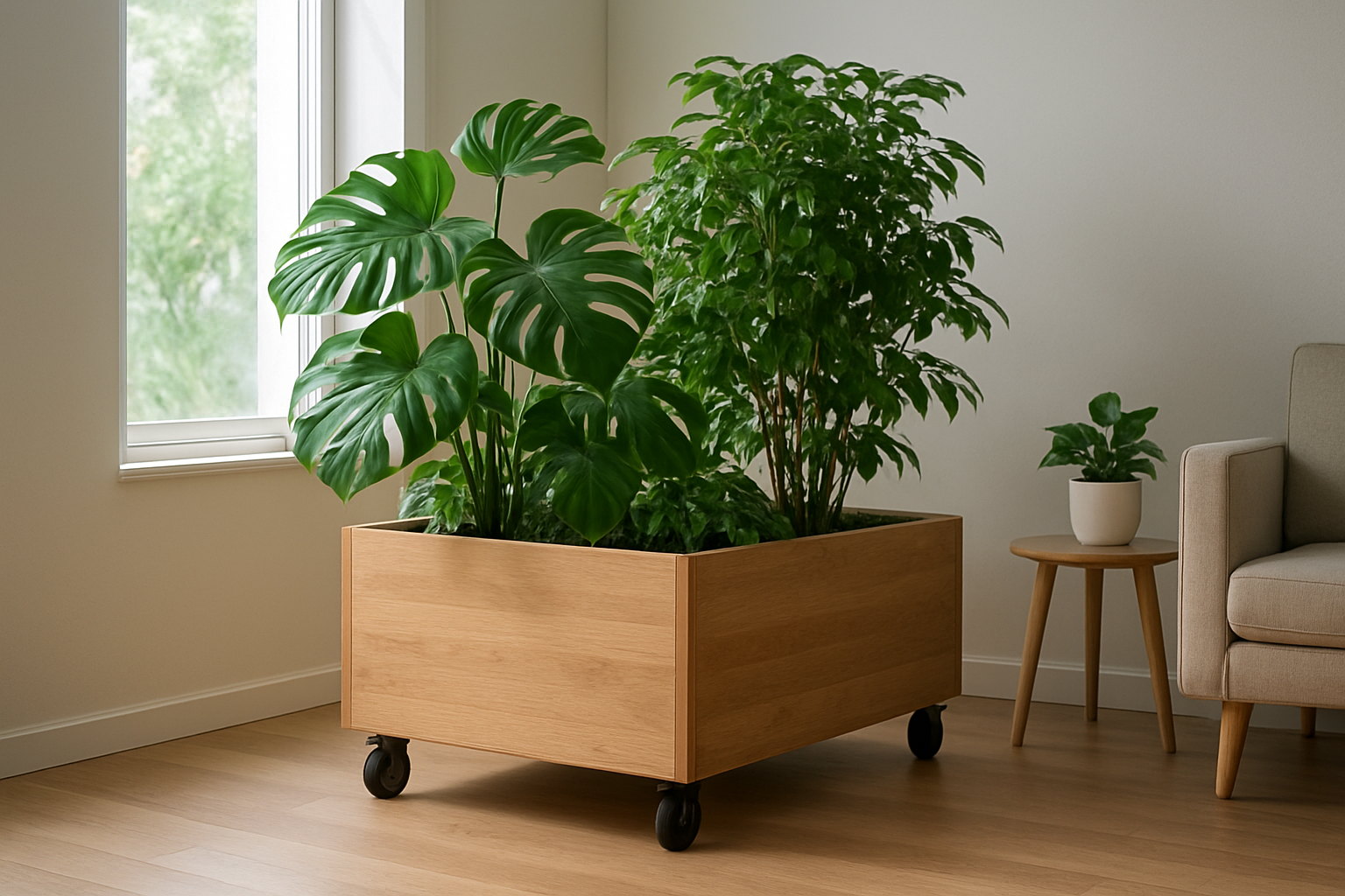 Grande jardinière sur roulettes en bois avec plantes vertes près d'une fenêtre lumineuse, intérieur moderne avec parquet clair