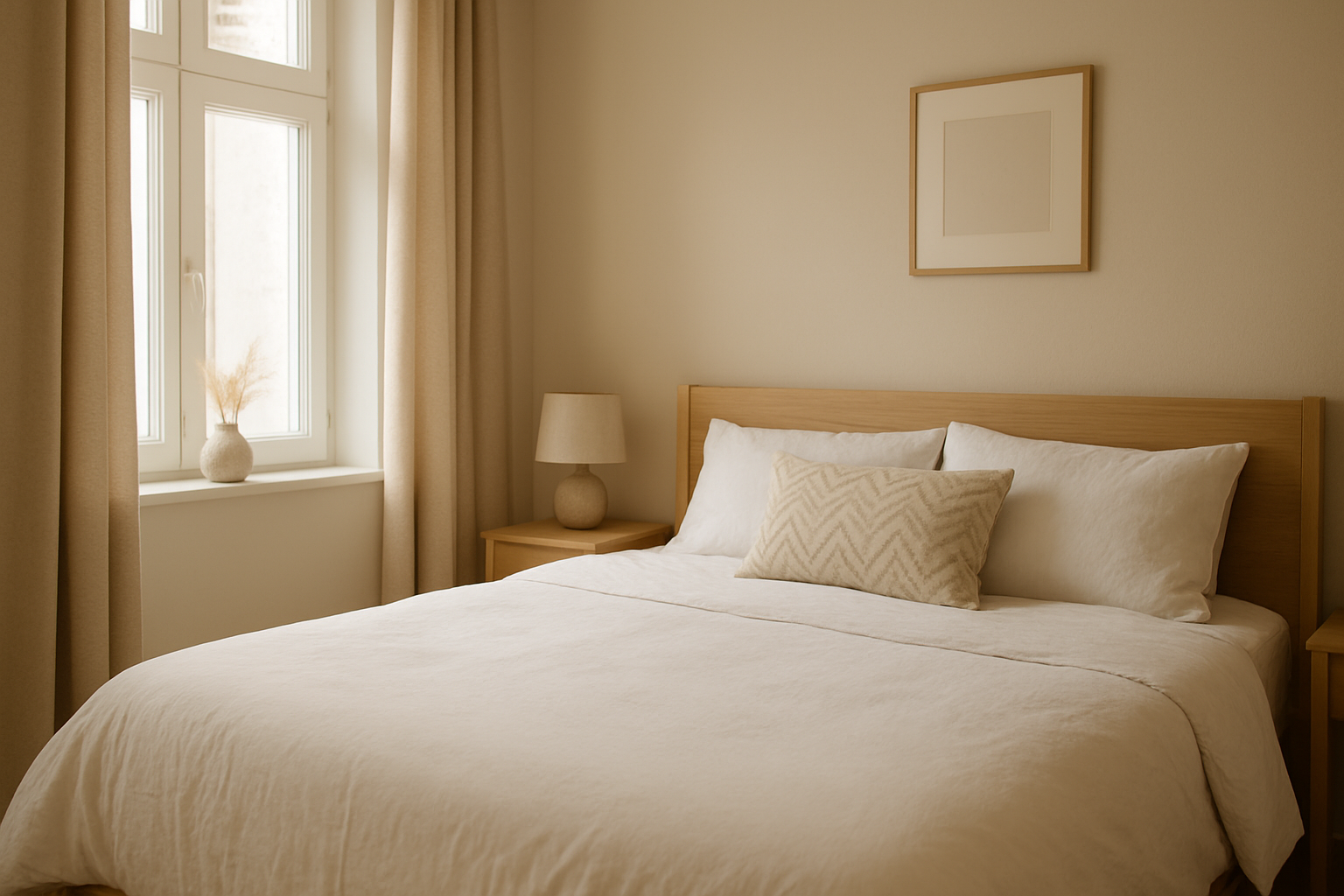 Lit 140x190 avec couette blanche et coussin déco dans une chambre lumineuse au style scandinave