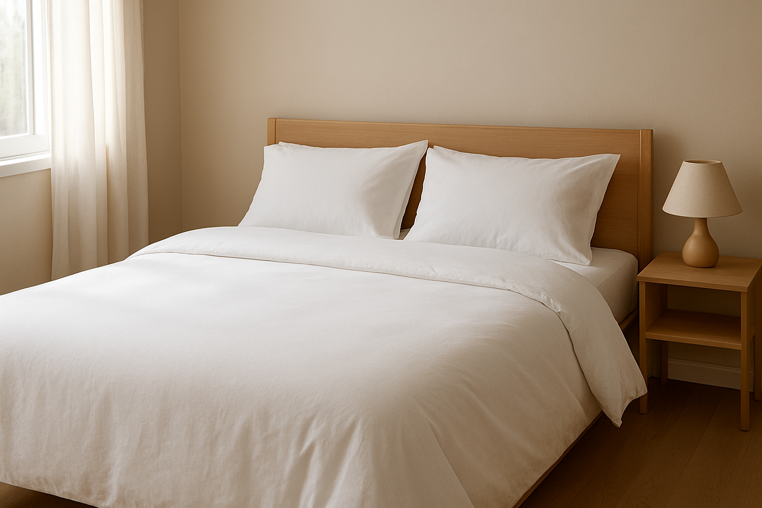 Lit de 140 cm avec housse de couette en coton blanc, oreillers assortis, lumière naturelle, chambre minimaliste scandinave