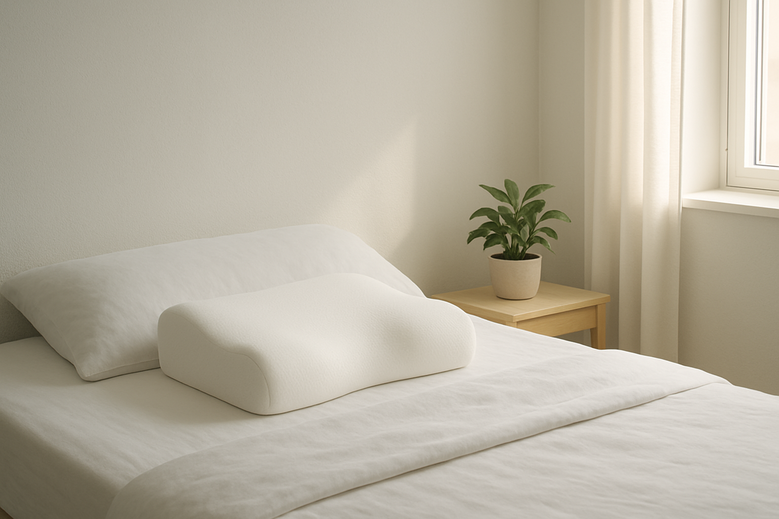 Lit avec oreiller ergonomique en mémoire de forme pour soulager le mal de dos, dans une chambre lumineuse et apaisante