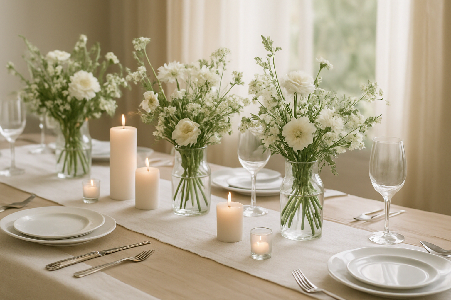 Table de mariage avec chemin de table en lin blanc, bougies et fleurs champêtres dans un décor lumineux et naturel