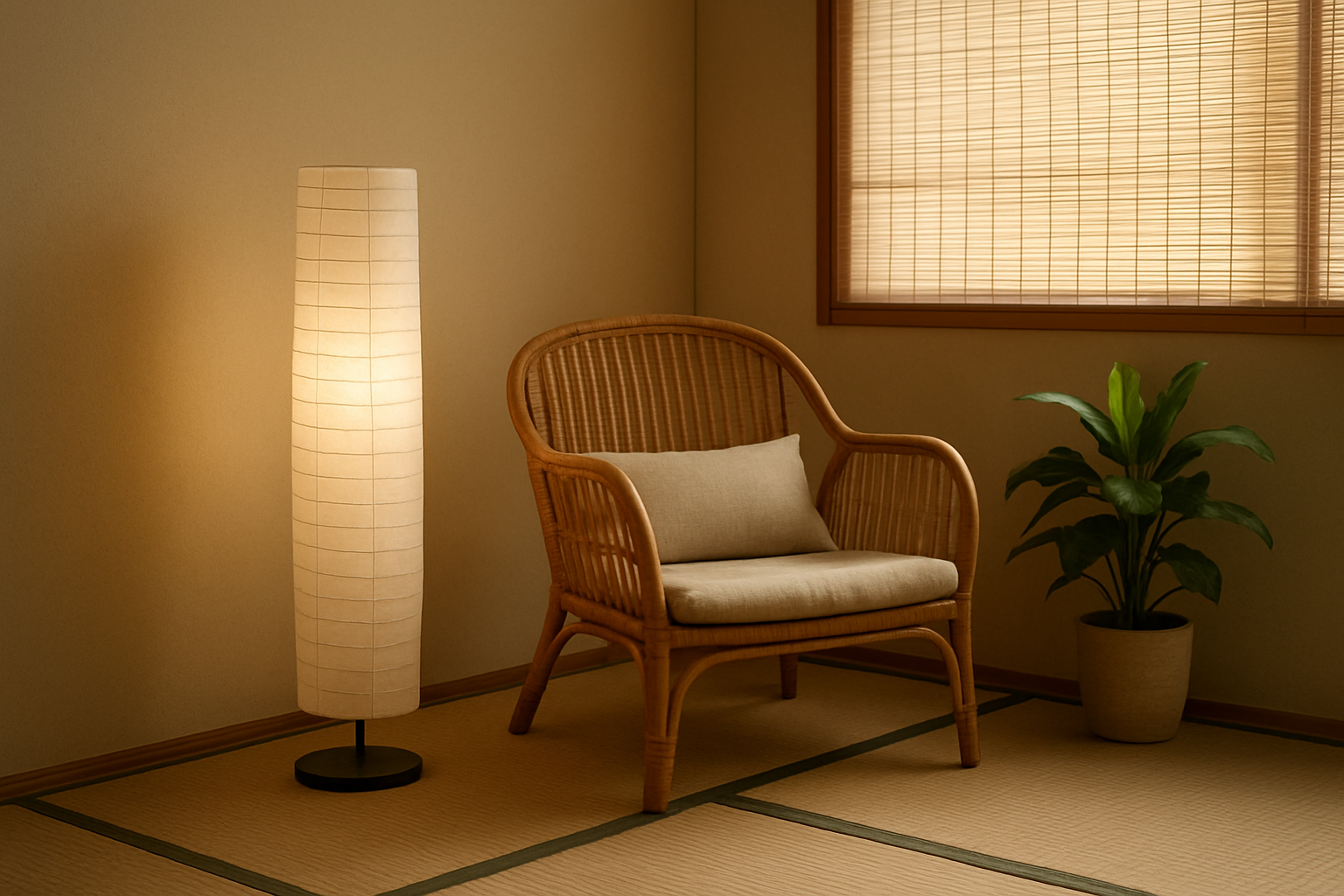 Lampadaire japonais en papier washi blanc diffusant une lumière chaude dans un salon zen avec fauteuil en rotin et plante verte sur fond de mur beige et tatami.