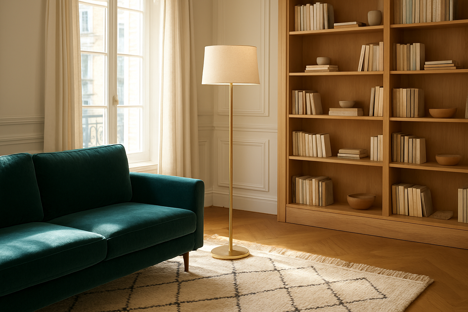 Lampadaire paris design en laiton brossé avec abat-jour blanc dans un salon lumineux, à côté d'un canapé bleu canard et d'une bibliothèque en bois clair