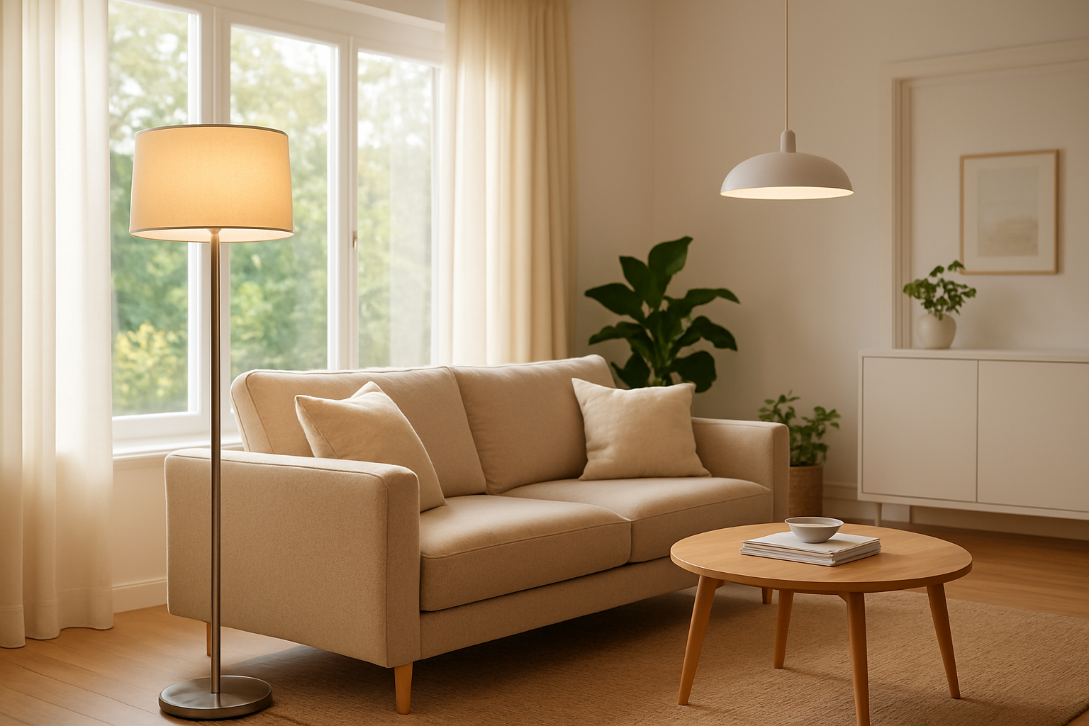 Salon moderne avec un lampadaire LED design et une suspension LED au-dessus d'une table basse, éclairage chaleureux et naturel.