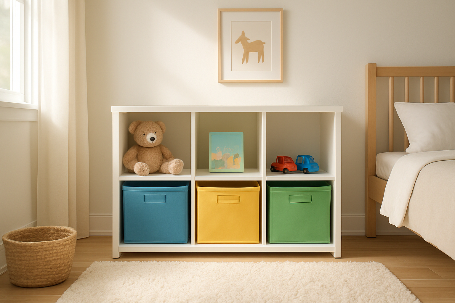 Meuble de rangement jouet en bois blanc avec bacs colorés dans une chambre d'enfant lumineuse, contenant peluche, livres et voitures