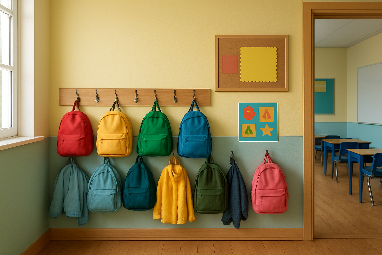 Porte-manteau mural en bois dans une salle de classe lumineuse, avec des sacs et vestes d'enfants accrochés aux patères, éclairage naturel.