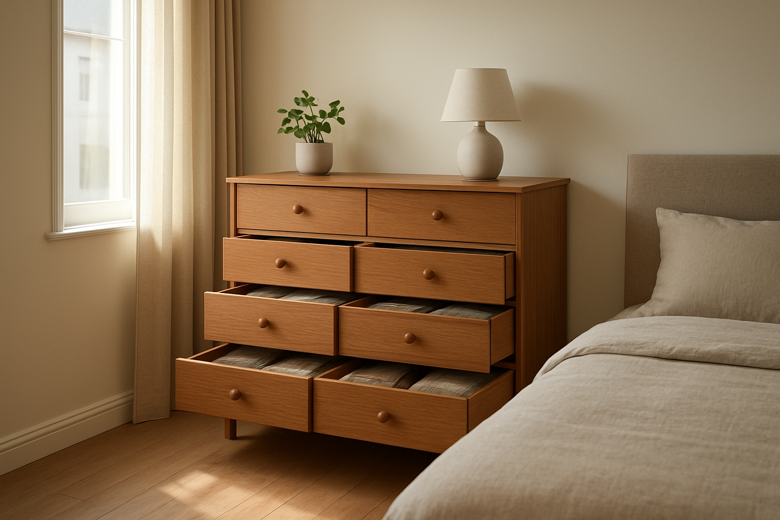 Commode en bois avec tiroirs ouverts dans une chambre lumineuse, vêtements pliés à l'intérieur, décoration minimaliste avec plante et lampe sur le dessus