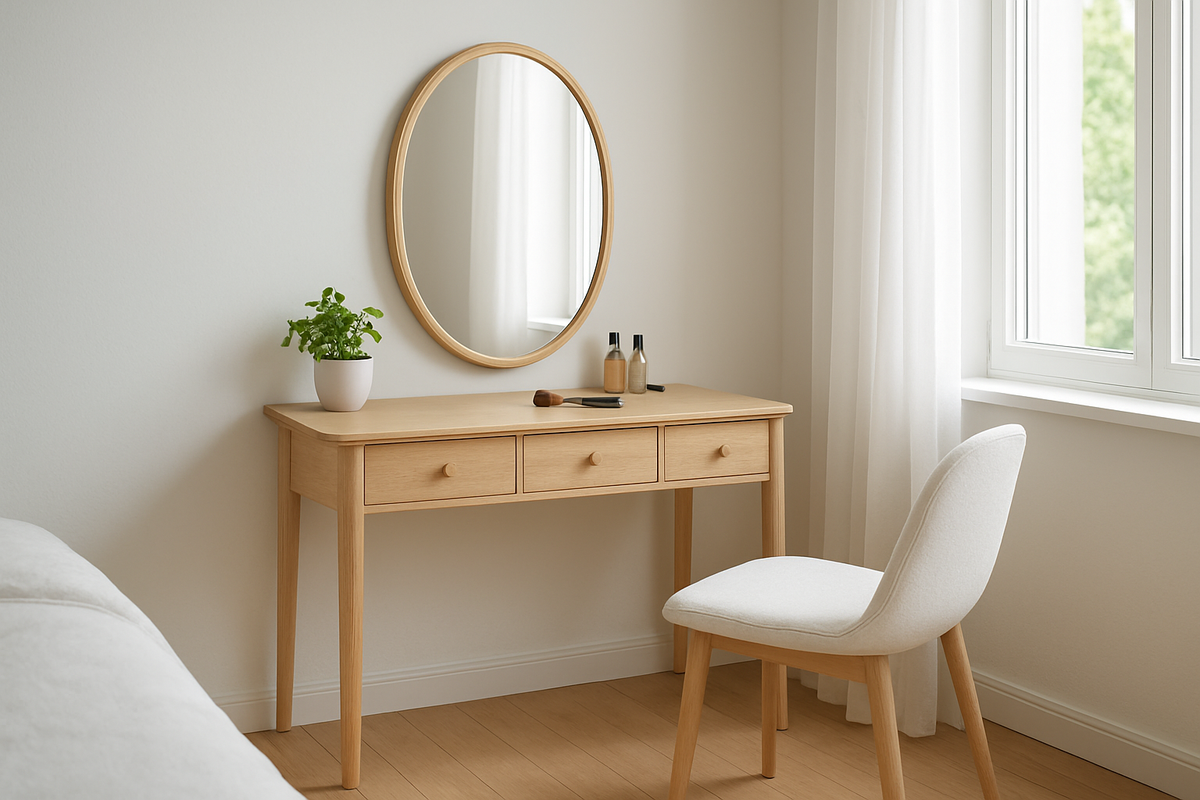 Coiffeuse avec rangement en bois clair, miroir ovale et tiroirs, dans une chambre lumineuse avec plante et accessoires maquillage.