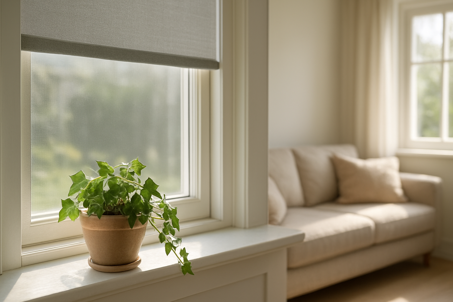 Fenêtre en bois blanc avec moustiquaire enroulable cmarl grise partiellement baissée, plante verte sur le rebord, salon lumineux en arrière-plan