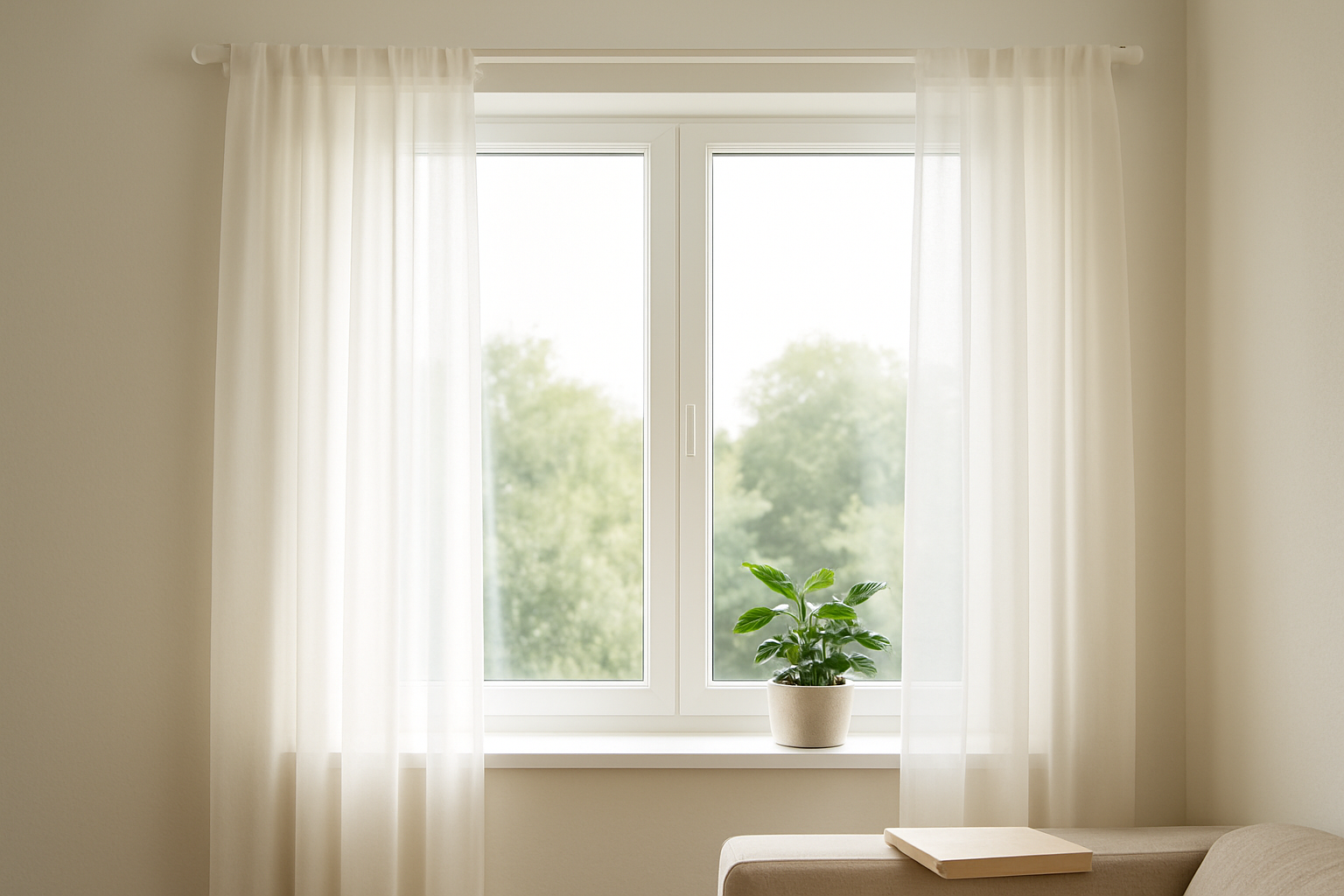 Tringle à rideau sans percer blanche installée sur une fenêtre PVC, avec voilage blanc léger, dans un intérieur lumineux et cosy.