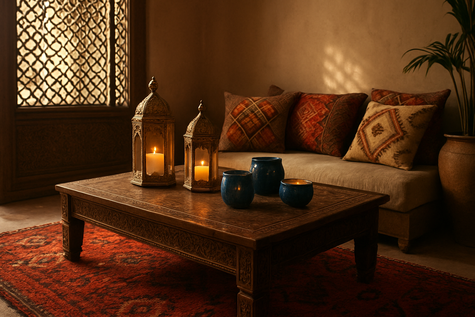 Lanternes marocaines en métal doré et photophores en céramique bleue sur une table basse en bois, avec tapis berbère et coussins, illustrant la cote bougie Marrakech dans un intérieur chaleureux.