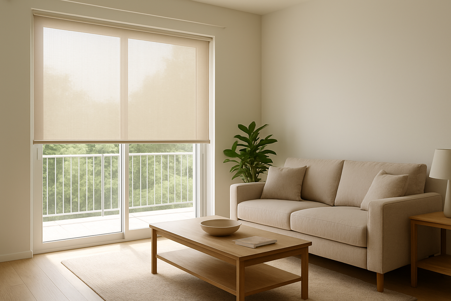 Baie vitrée avec moustiquaire enroulable installée dans un salon lumineux, filtre fin laissant passer la lumière, plante verte et canapé beige en arrière-plan.