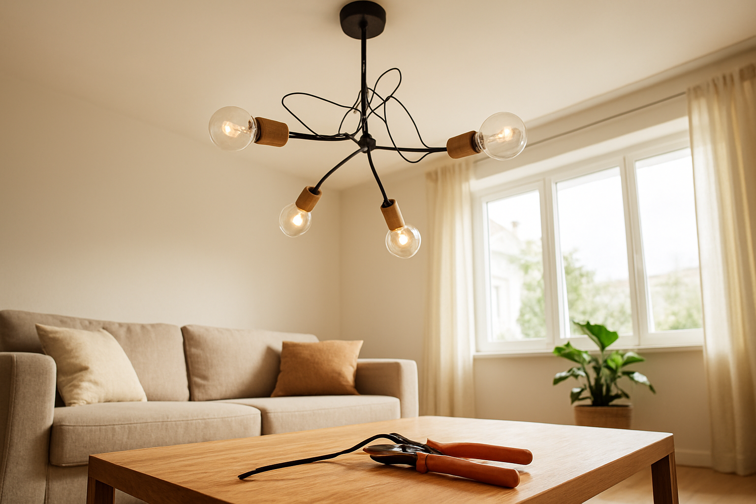 Plafonnier design noir et bois en cours d'installation avec fils électriques apparents et pince à dénuder sur table basse, salon lumineux