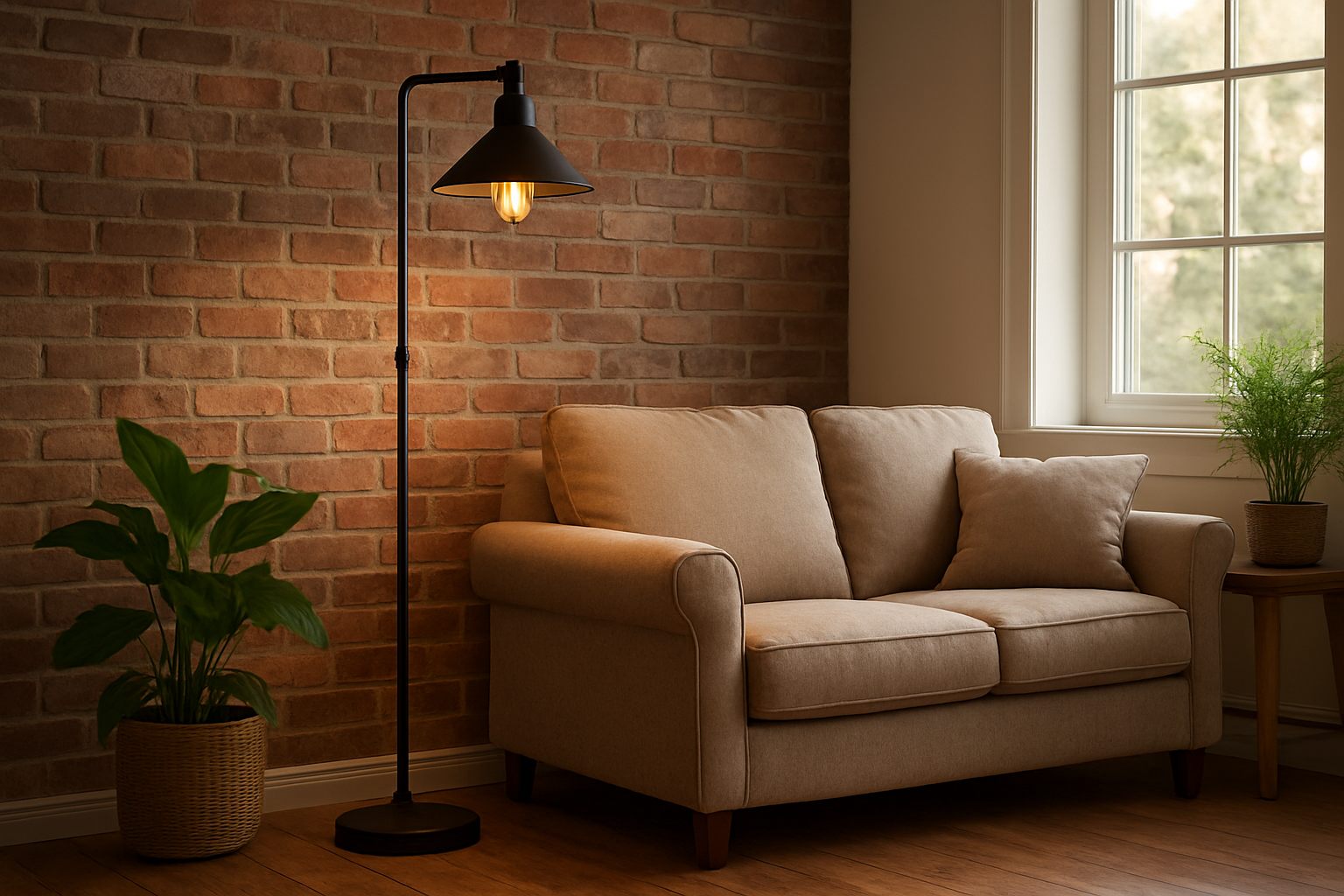 Lampadaire style indus en métal noir avec abat-jour conique dans un salon loft, éclairant un canapé beige, mur en briques apparentes et plantes vertes.