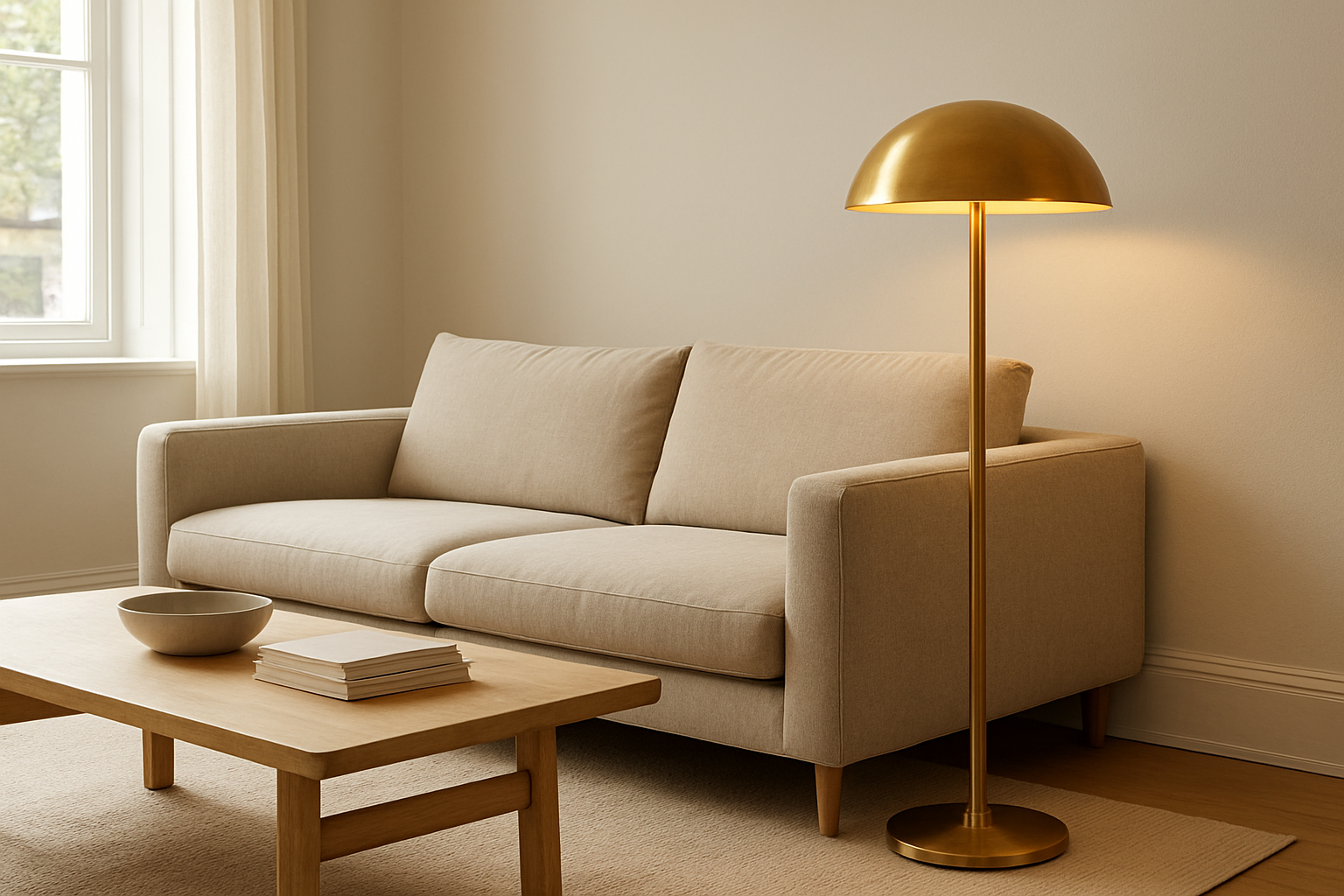 Lampadaire champignon doré au pied en laiton brossé placé à côté d'un canapé beige, diffusant une lumière chaude dans un salon lumineux.