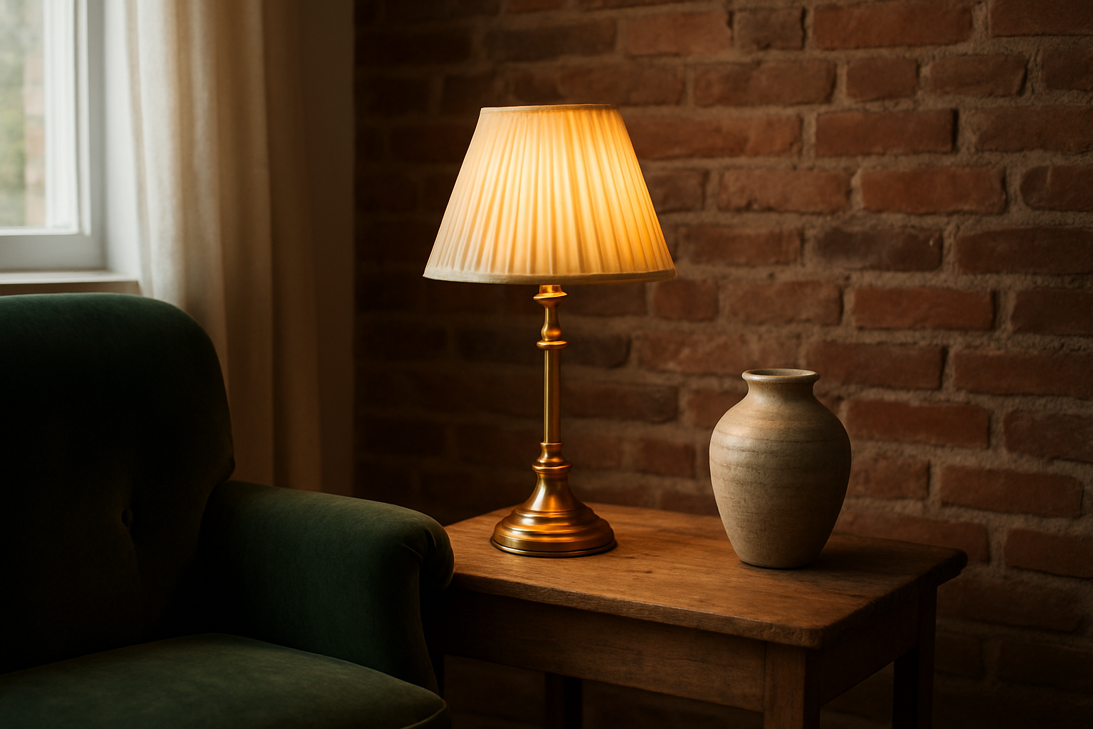 Lampe de table vintage avec abat-jour en tissu plissé crème sur une table en bois, éclairant un fauteuil en velours vert dans un intérieur chaleureux avec mur en briques.